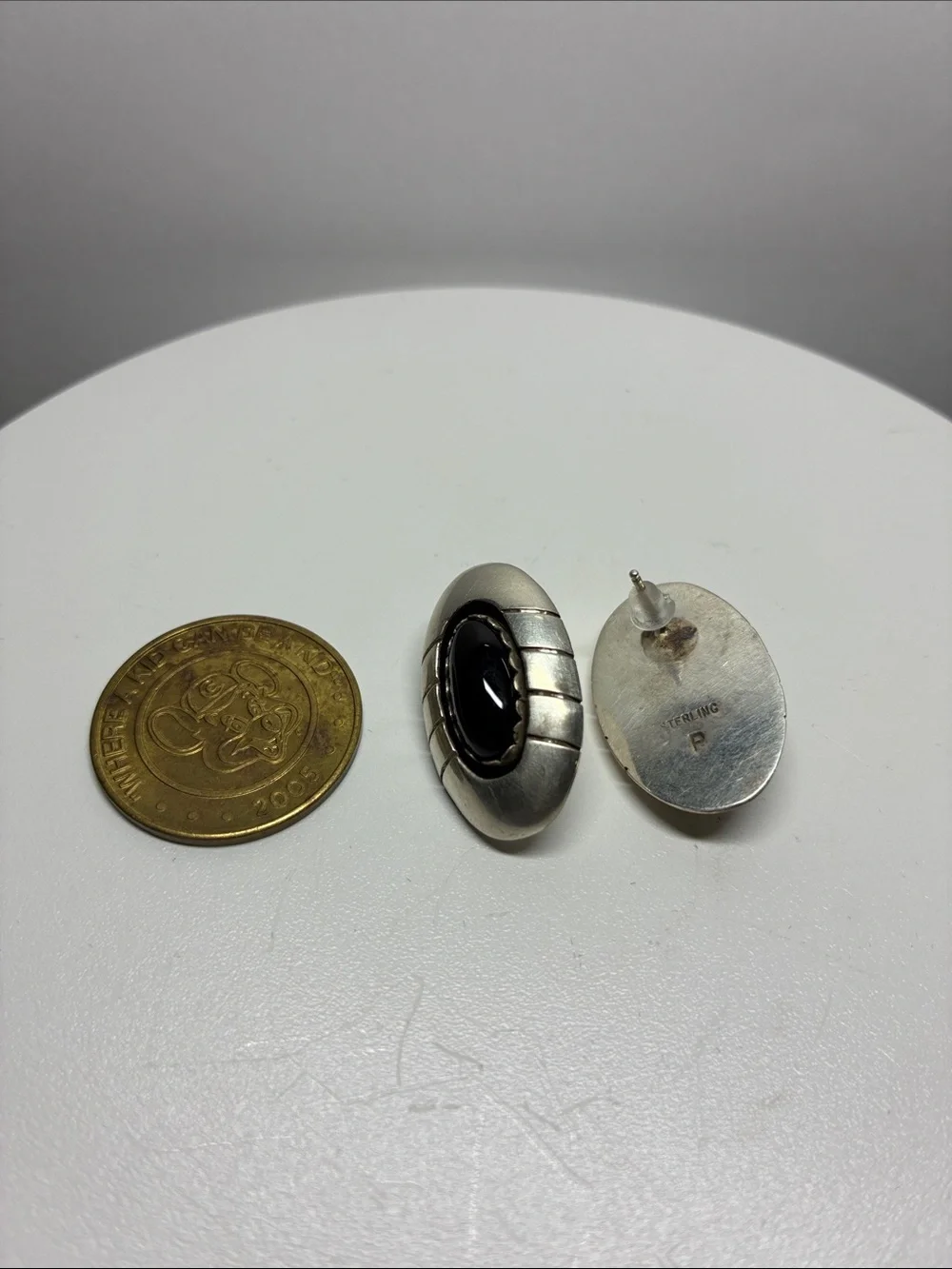 Vintage Sterling Silver Black Onyx Oval Stud Earrings